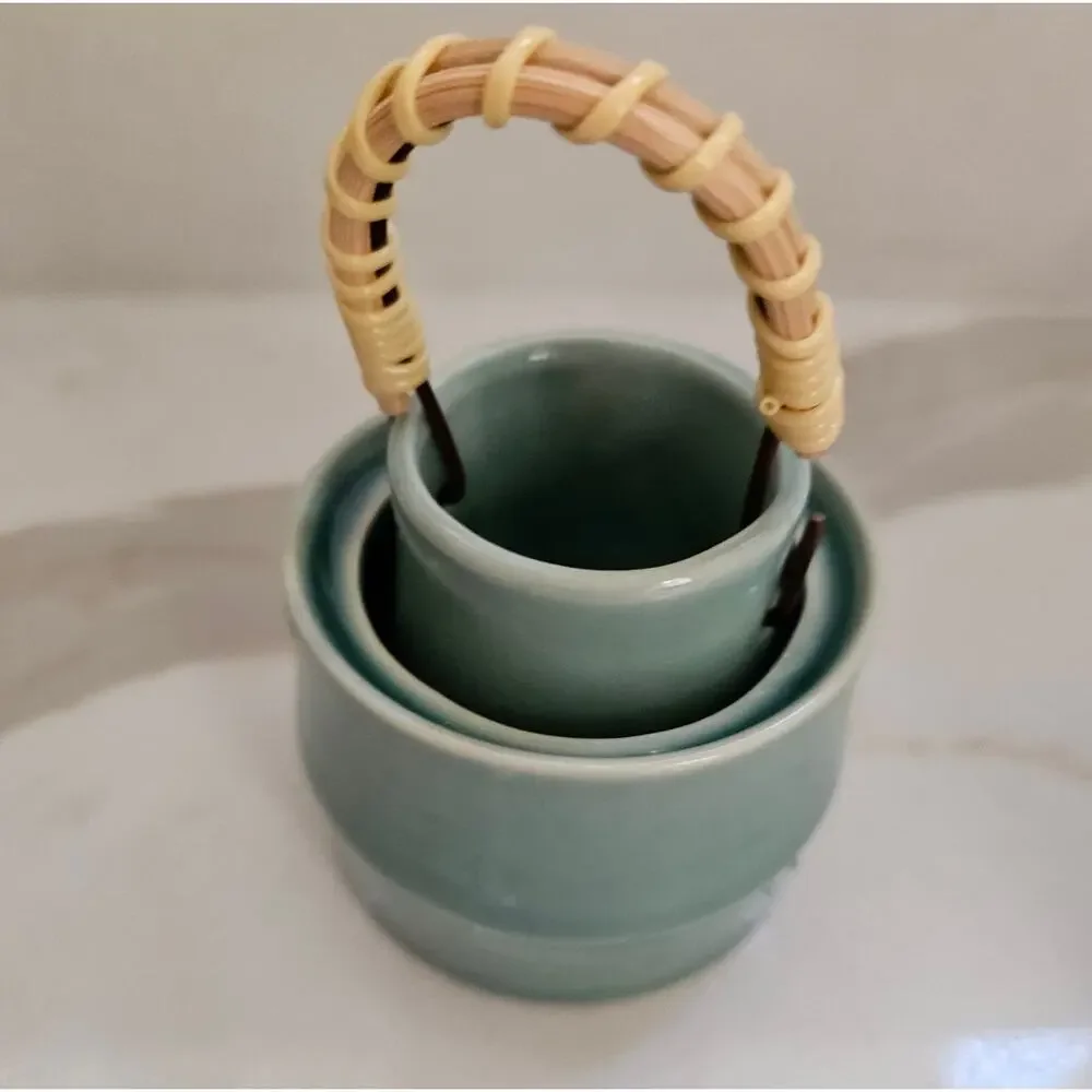 Vintage Celadon Green Glazed Ceramic Nesting Tea Sugar Pots Woven Rattan Handle